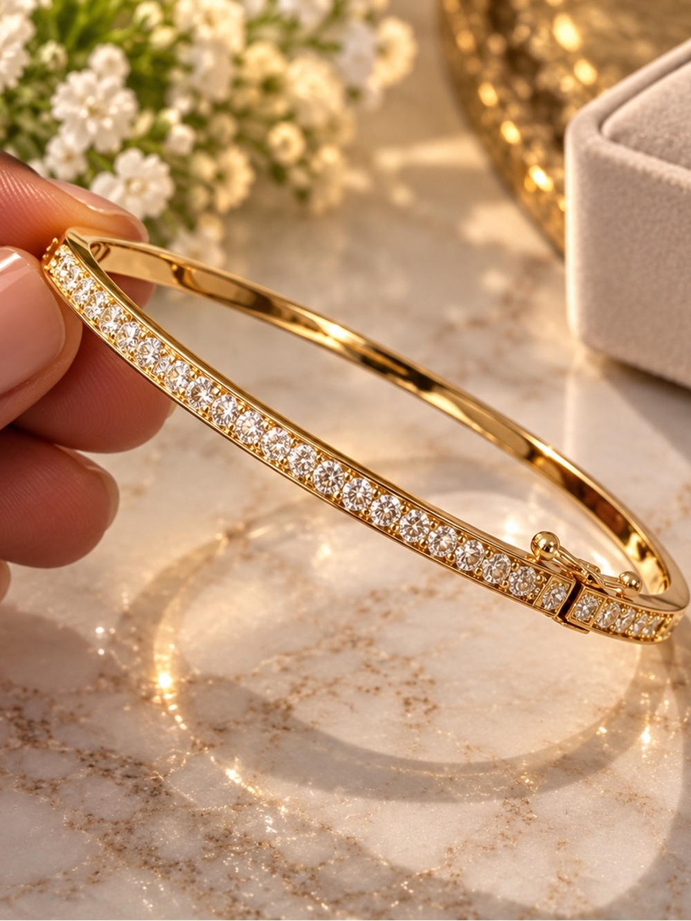 14K Gold AAAAA CZ Pavé Bangle Bracelet - Elegant Women's Jewelry. 8 Inches
